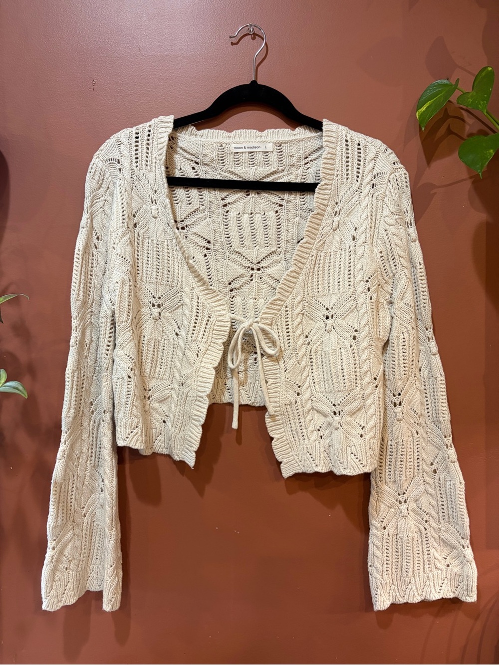 moon & madison Cream Chunky Knit Crochet Tie-Front Cardigan